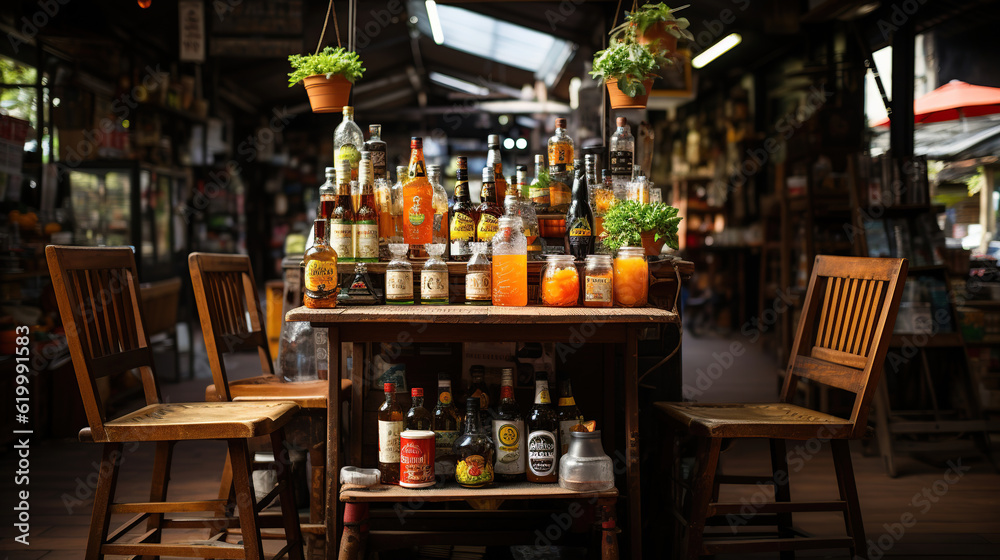 Whiskey glasses and fruit liquor on table in luxury restaurant for special meal Whiskey glasses and fruit liquor on table in luxury restaurant for special meal