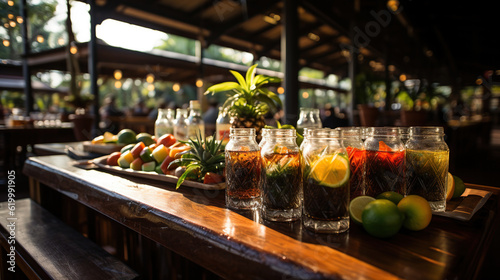 Whiskey glasses and fruit liquor on table in luxury restaurant for special meal