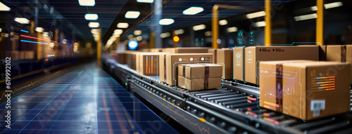 conveyor belt in a distribution warehouse with row of cardboard box packages for e-commerce delivery  and automated logistics concepts as wide banner with copysapce area - Generative AI photo