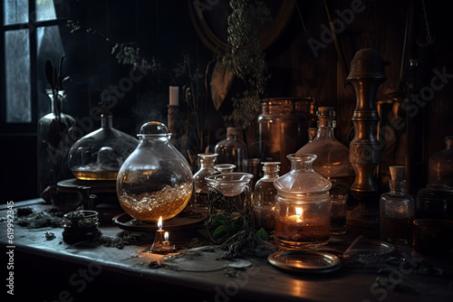 Magic potion in old laboratory. Halloween concept. Witchcraft background. Generative AI