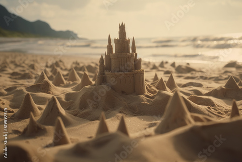 Sand castle on the beach with sea and mountains in the background. Generative AI