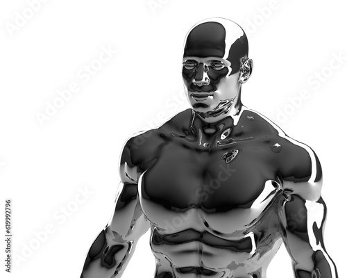 3D render. Silvery torso of a naked athletic man on a white background.
