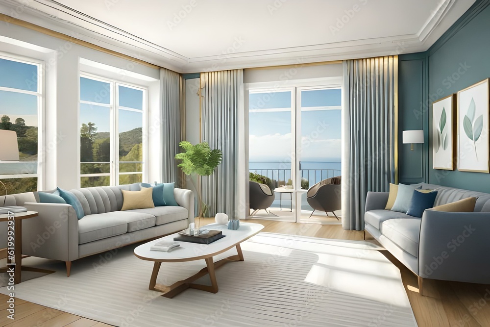 Hampton style living room. Home interior design 3d render illustration in pastel colors. 3D Illustration.
