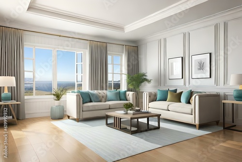 Hampton style living room. Home interior design 3d render illustration in pastel colors. 3D Illustration © Nyetock