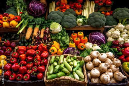 Capture the vibrant and colorful scene of a farmers market with this image showcasing a variety of fresh vegetables neatly arranged on display. Generative AI.