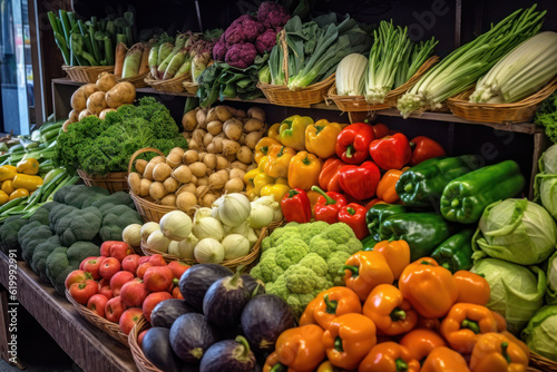 Capture the vibrant and colorful scene of a farmers market with this image showcasing a variety of fresh vegetables neatly arranged on display. Generative AI.