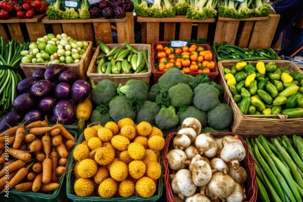 Capture the vibrant and colorful scene of a farmers market with this image showcasing a variety of fresh vegetables neatly arranged on display. Generative AI.