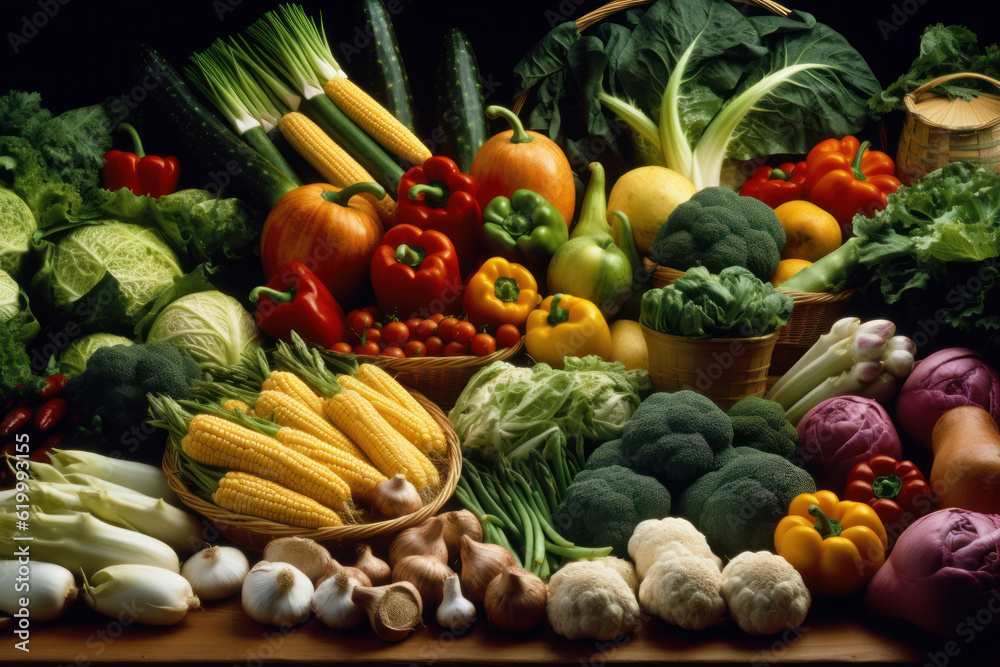 Capture the vibrant and colorful scene of a farmers market with this image showcasing a variety of fresh vegetables neatly arranged on display. Generative AI.