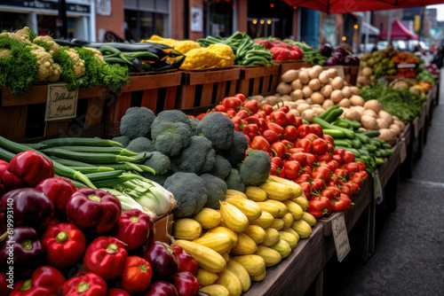 Capture the vibrant and colorful scene of a farmers market with this image showcasing a variety of fresh vegetables neatly arranged on display. Generative AI. © Shinonome Studio