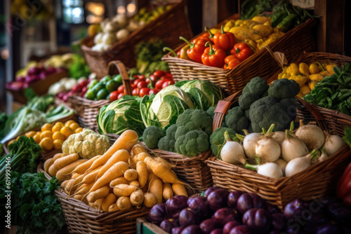 Capture the vibrant and colorful scene of a farmers market with this image showcasing a variety of fresh vegetables neatly arranged on display. Generative AI.