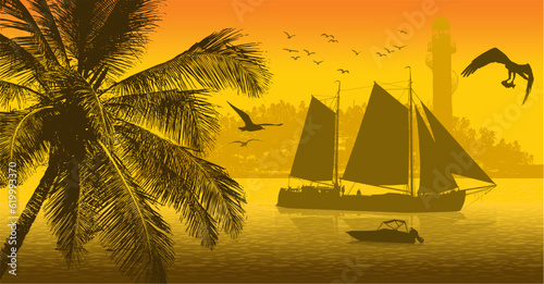 barcos, lancha, mar, atardecer, gaviotas, palmas, isla, panoramico, figuras, contraluz, pez, comida, faro