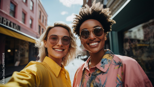 Captivating City Selfies: Bold and Energetic Portrait of Two Young Women Embracing the Moment