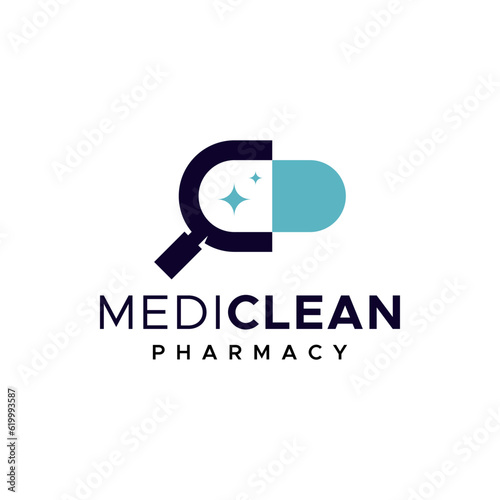 Simple logo combination medicine and magnifying glass. It is suitable for use as a drug research lab logo.