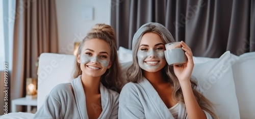 Portrait of charming young girls sitting on big bed and enjoying time together. Cute models in pyjamas posing with face masks. Youth skincare and interior concept, generative ai