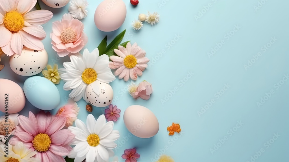 Colorful eggs and flower on pastel background for Happy Easter Day