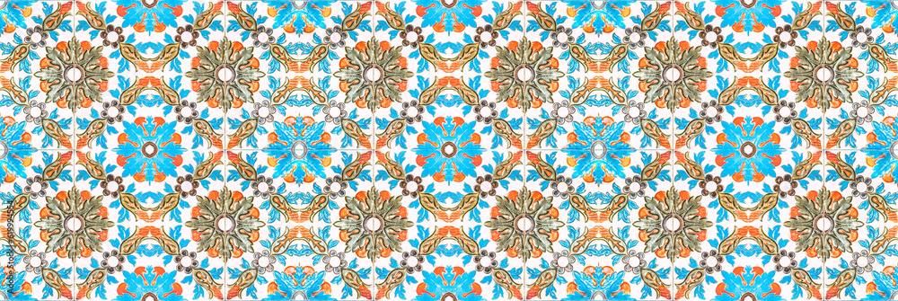 Fototapeta premium Colorful hand painted arabic tiles with geometric shapes - Spanish ceramic pattern - Background Texture