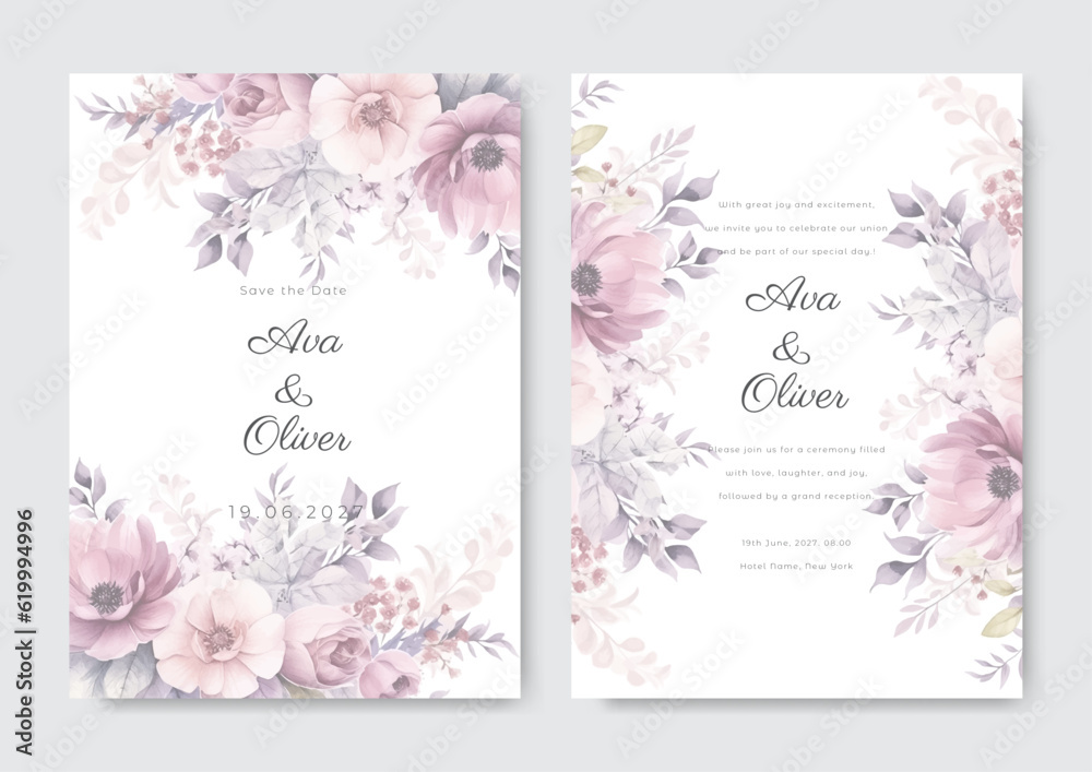 Hand drawn floral wedding invitation card template. Pink floral watercolor background.