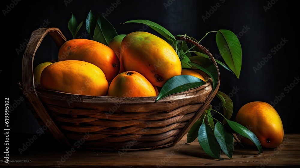 Fresh Mango fruits in a bamboo basket with blurred background