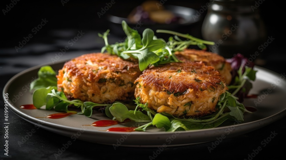 Closeup Maryland Crab cakes with chopped greens on a wooden plate with a blurred background