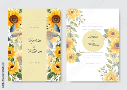 Yellow sunflower wedding invitation card with watercolor floral decoration and abstract background