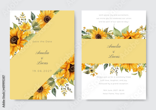 Yellow sunflower wedding invitation card with watercolor floral decoration and abstract background
