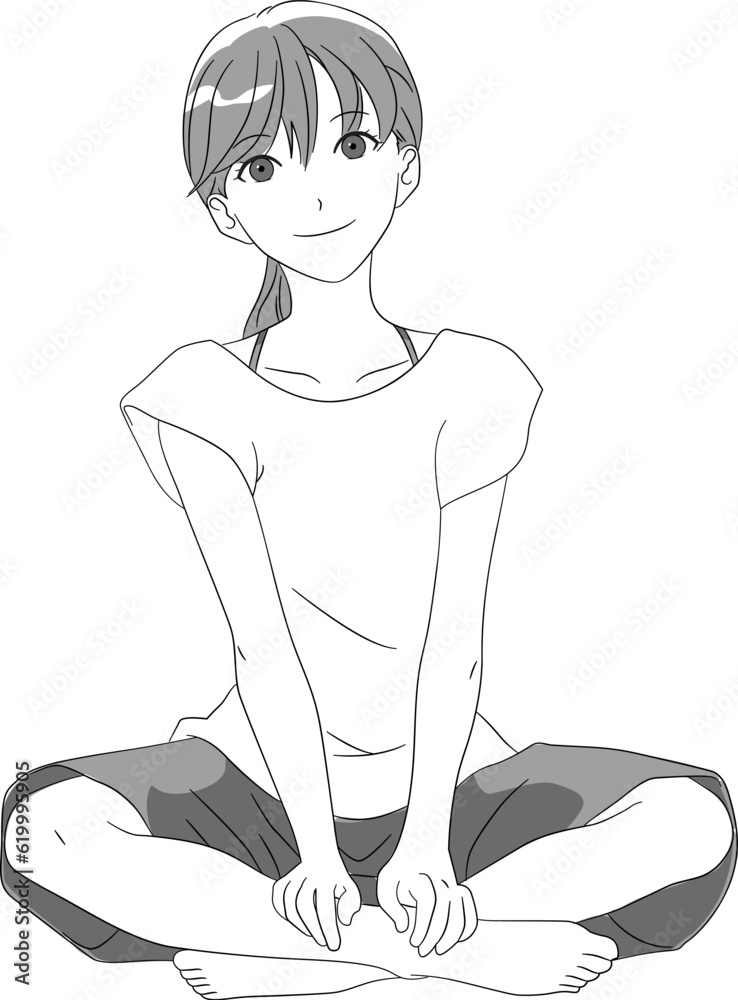 Fototapeta premium 座っている女性、リラックスウェア 笑顔 モノクロ