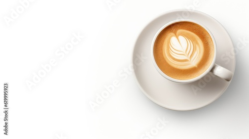 Cup of coffee latte art from top isolated on white with shadows and space with text space can use for advertising  ads  branding
