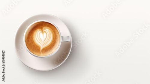 Cup of coffee latte art from top isolated on white with shadows and space with text space can use for advertising, ads, branding