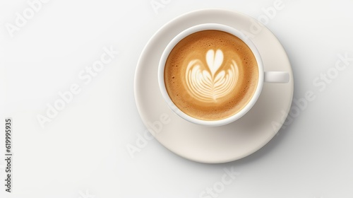 Cup of coffee latte art from top isolated on white with shadows and space with text space can use for advertising, ads, branding