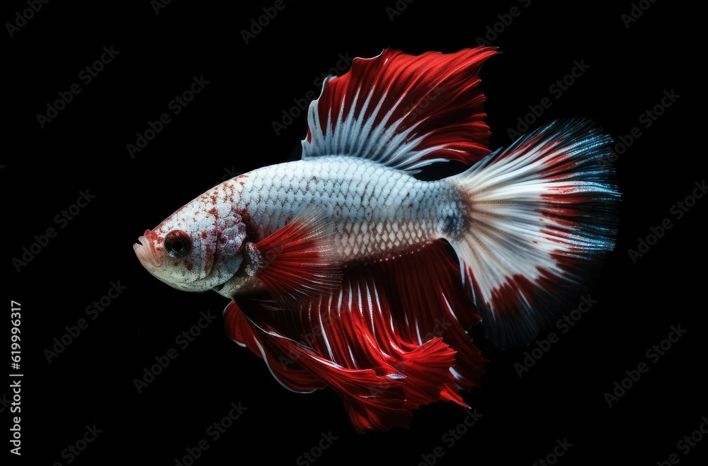 Fototapeta premium Beautiful colors Halfmoon Betta capture the moving moment, beautiful of siam betta fish on black background