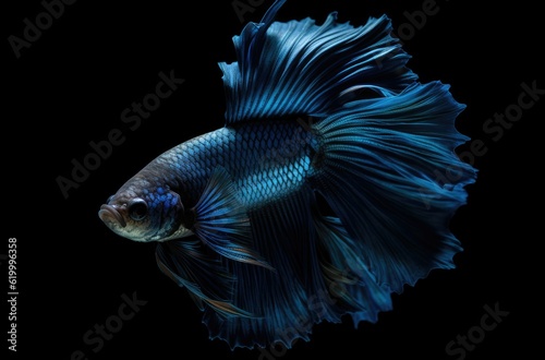 Beautiful betta splendens Halfmoon Siamese fighting fish or Macropodinae or Osphronemidae with blue tail fin and skin flakes on black background.
