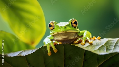 Beautiful tree frog on green leaves, flying frog on green leaves