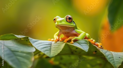 Beautiful tree frog on green leaves, flying frog on green leaves © Clown Studio