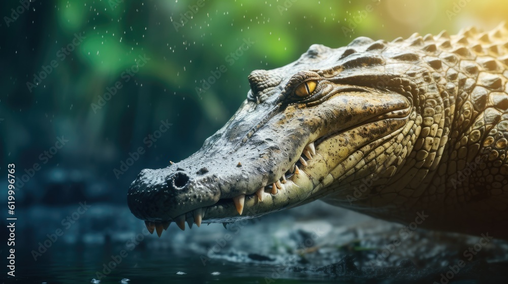 Head of a large crocodile close-up in the riverside