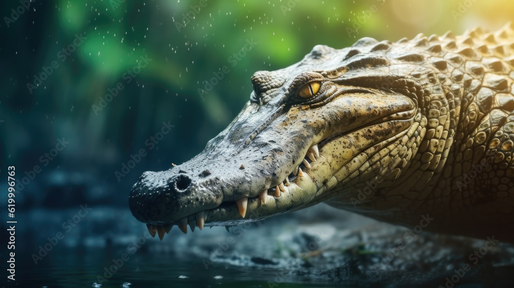 Obraz premium Head of a large crocodile close-up in the riverside