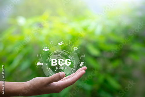 BCG icon on hand concept for sustainable economic development, bio-economy, circular economy, green economy on nature background.