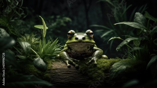 Red Eyes tree frog sitting on a tree trunk with text space can use for advertising, ads, branding
