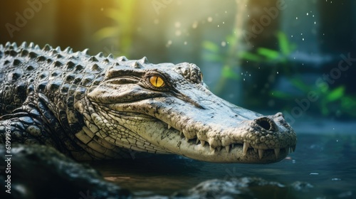 Head of a large crocodile close-up in the riverside