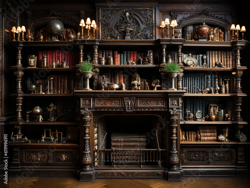a photography of classical wooden library, insane detail AI generative