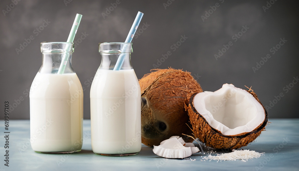 Coconut vegan milk non dairy in different bottles with copy space