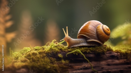 A slow grape snail crawls up the bark of a tree overgrown with moss, with text space can use for advertising, ads, branding