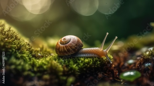 A slow grape snail crawls up the bark of a tree overgrown with moss, with text space can use for advertising, ads, branding