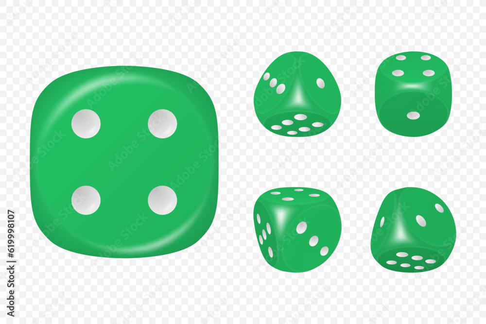 Vector 3d Realistic Green Game Dice with White Dots Set in Different Positions Isolated. Gambling Games Design, Casino, Poker, Tabletop, Board Games. Realistic Cubes with Random Numbers, Rounded Edges Vector 3d Realistic Green Game Dice with White Dots Set in Different Positions Isolated. Gambling Games Design, Casino, Poker, Tabletop, Board Games. Realistic Cubes with Random Numbers, Rounded Edges
