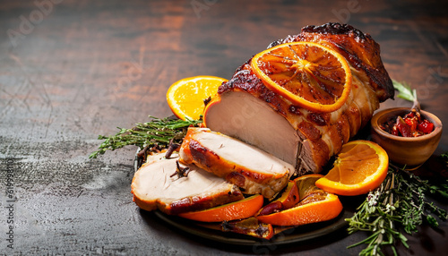 Roast pork with orange glaze, decorated with cloves. photo