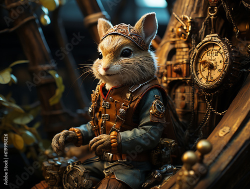photography of steam punk style squirrel in the tree house AI generative