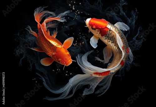 Beauty koi fish swimming on black background circular yin and yang