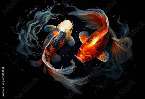 Beauty koi fish swimming on black background circular yin and yang photo