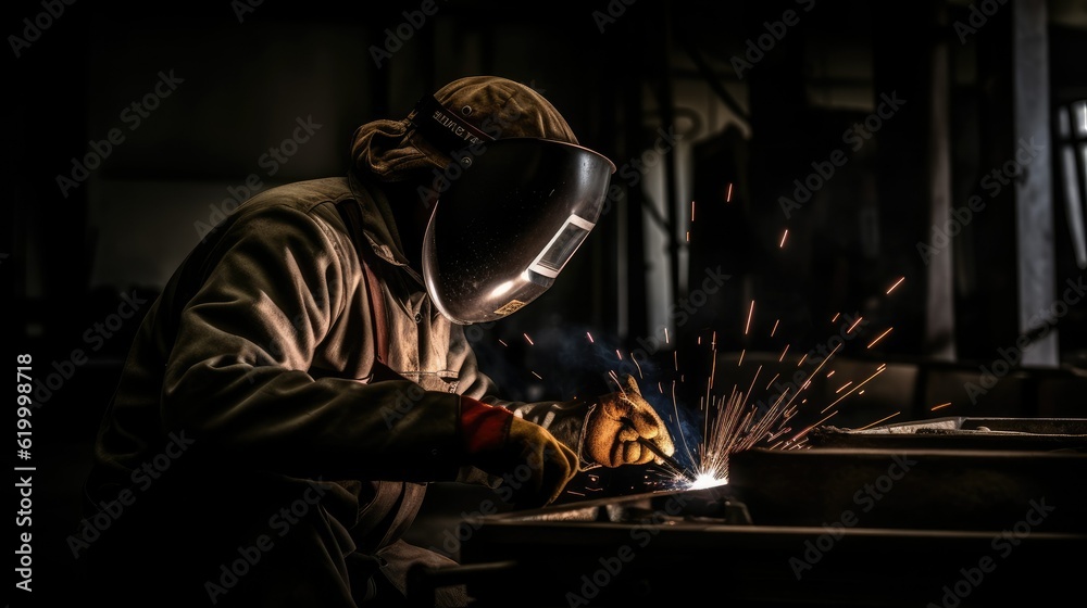 A welder welds metal into his workshop. Gas combustion and blue smoke. Small welding workshop. Welding juncture of metal construction A welder welds metal into his workshop. Gas combustion and blue smoke. Small welding workshop. Welding juncture of metal construction