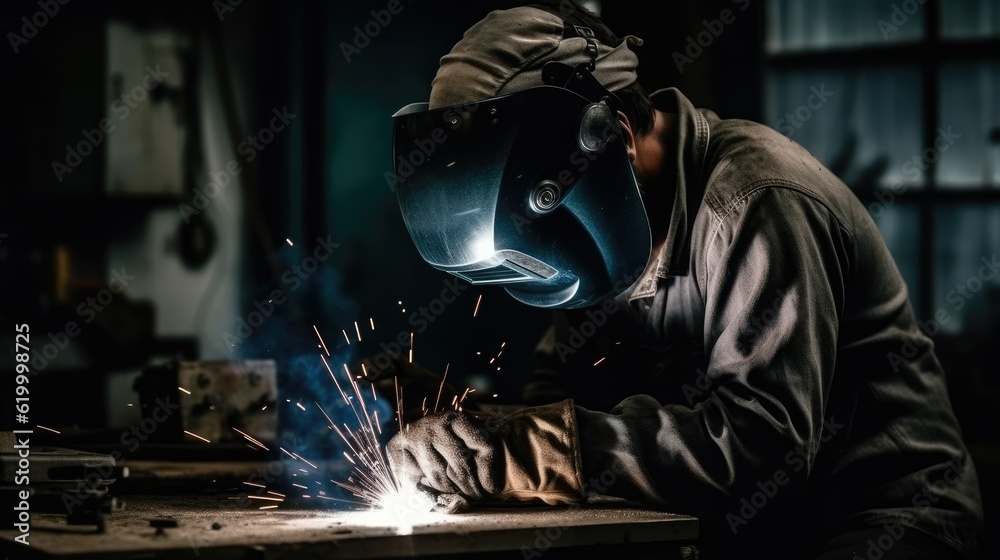 A welder welds metal into his workshop. Gas combustion and blue smoke. Small welding workshop. Welding juncture of metal construction A welder welds metal into his workshop. Gas combustion and blue smoke. Small welding workshop. Welding juncture of metal construction