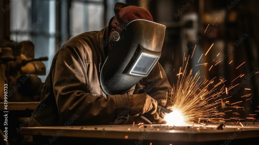 A welder welds metal into his workshop. Gas combustion and blue smoke. Small welding workshop. Welding juncture of metal construction A welder welds metal into his workshop. Gas combustion and blue smoke. Small welding workshop. Welding juncture of metal construction